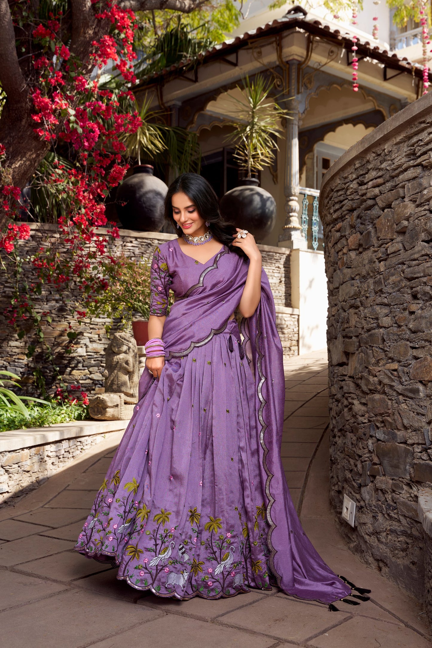Fetching Lavender Vichitra Simmer Thread Sequins Worked Lehenga Choli