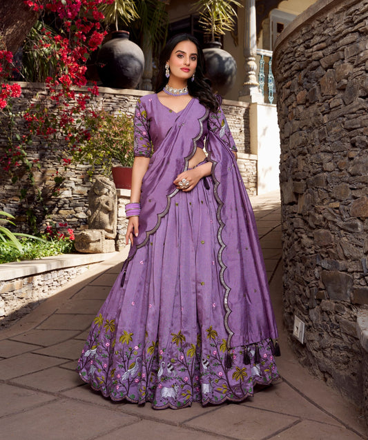 Fetching Lavender Vichitra Simmer Thread Sequins Worked Lehenga Choli