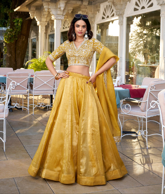 Lovely Mustard Goldie Sequins Thread Worked Lehenga Choli - INDIAN ELEGANCE
