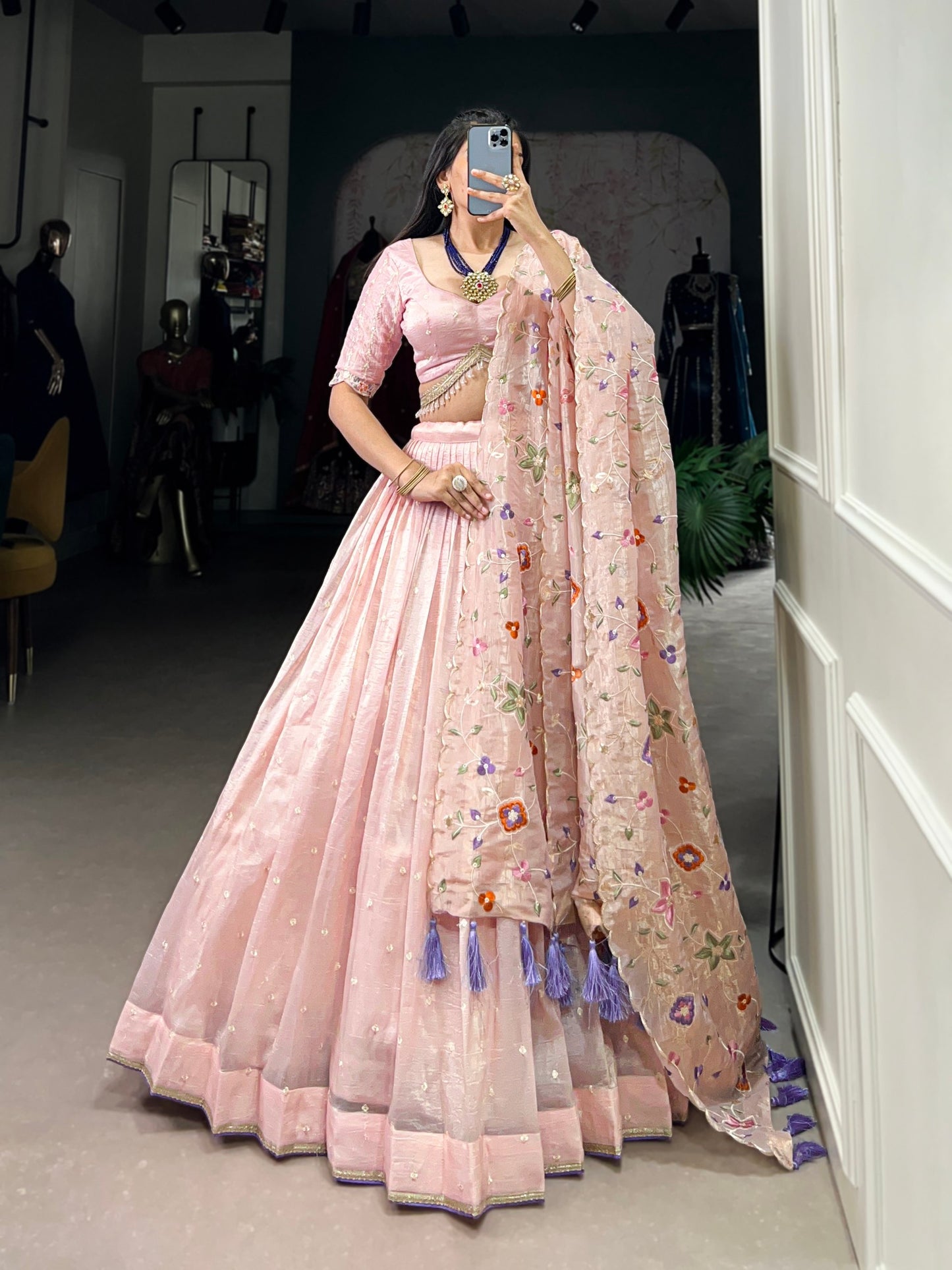 Breathtaking Light Peach Gold Crush Sequins Thread Worked Lehenga Choli