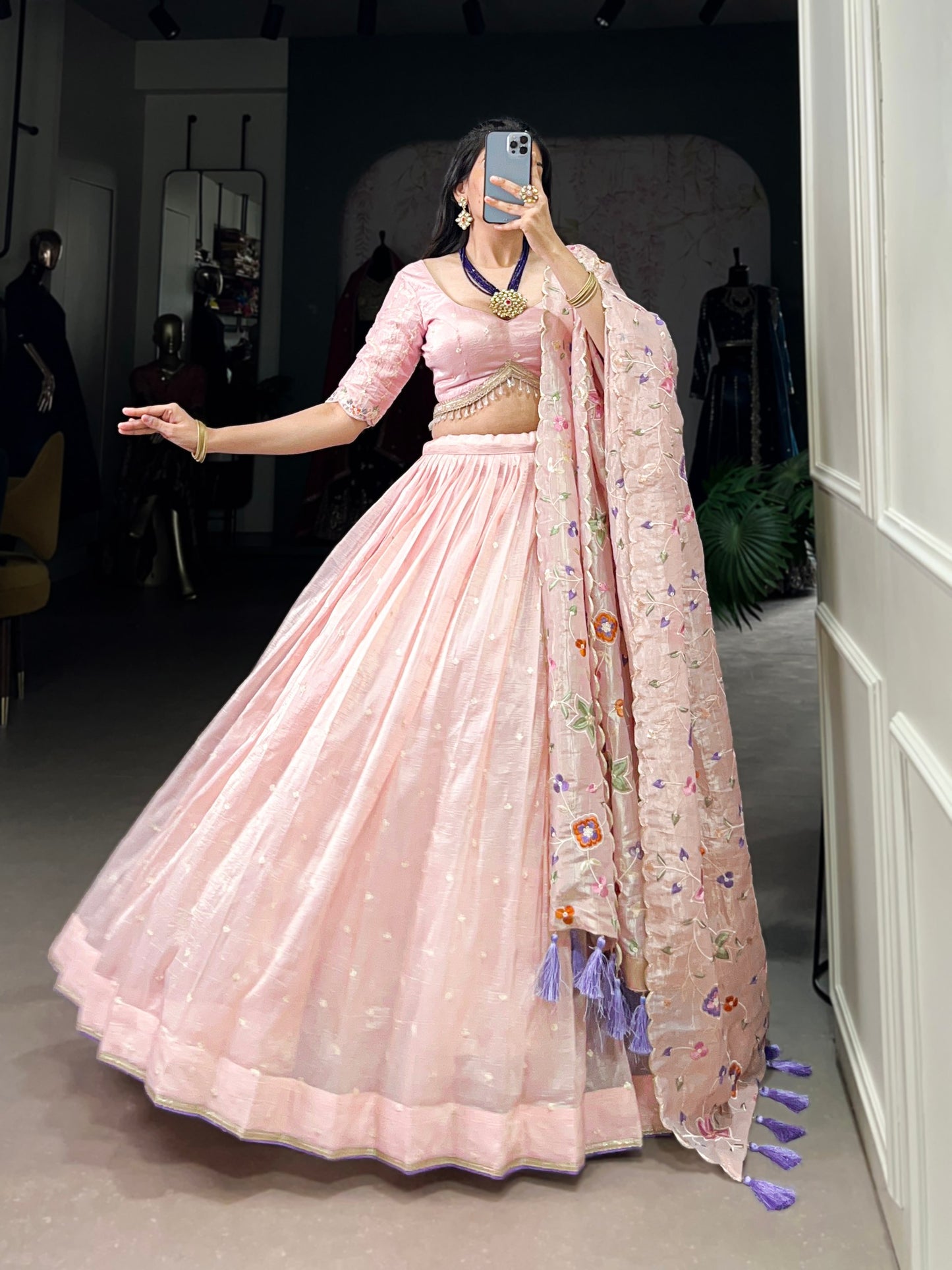 Breathtaking Light Peach Gold Crush Sequins Thread Worked Lehenga Choli