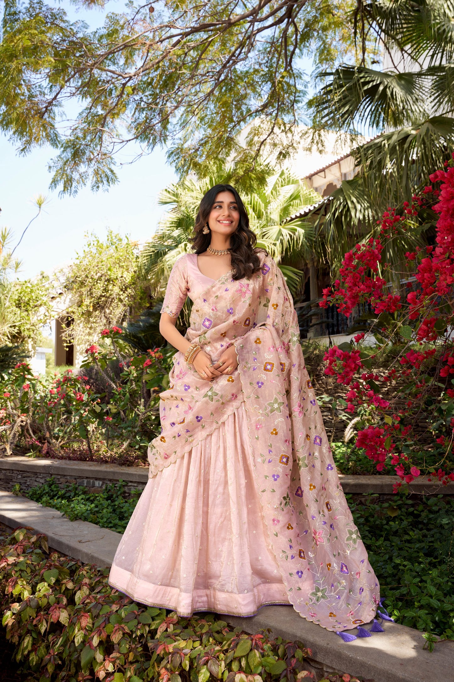 Breathtaking Light Peach Gold Crush Sequins Thread Worked Lehenga Choli