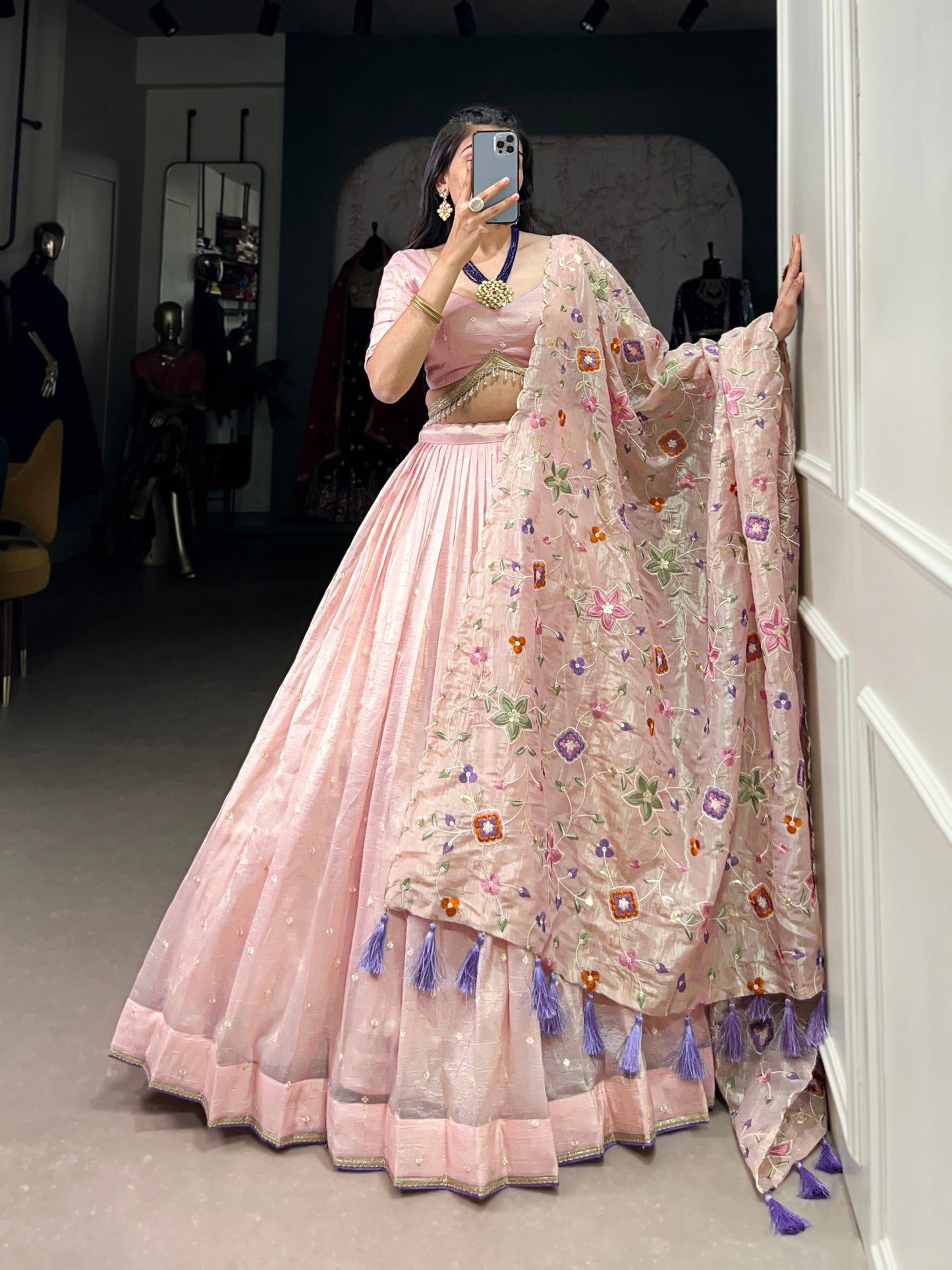 Breathtaking Light Peach Gold Crush Sequins Thread Worked Lehenga Choli