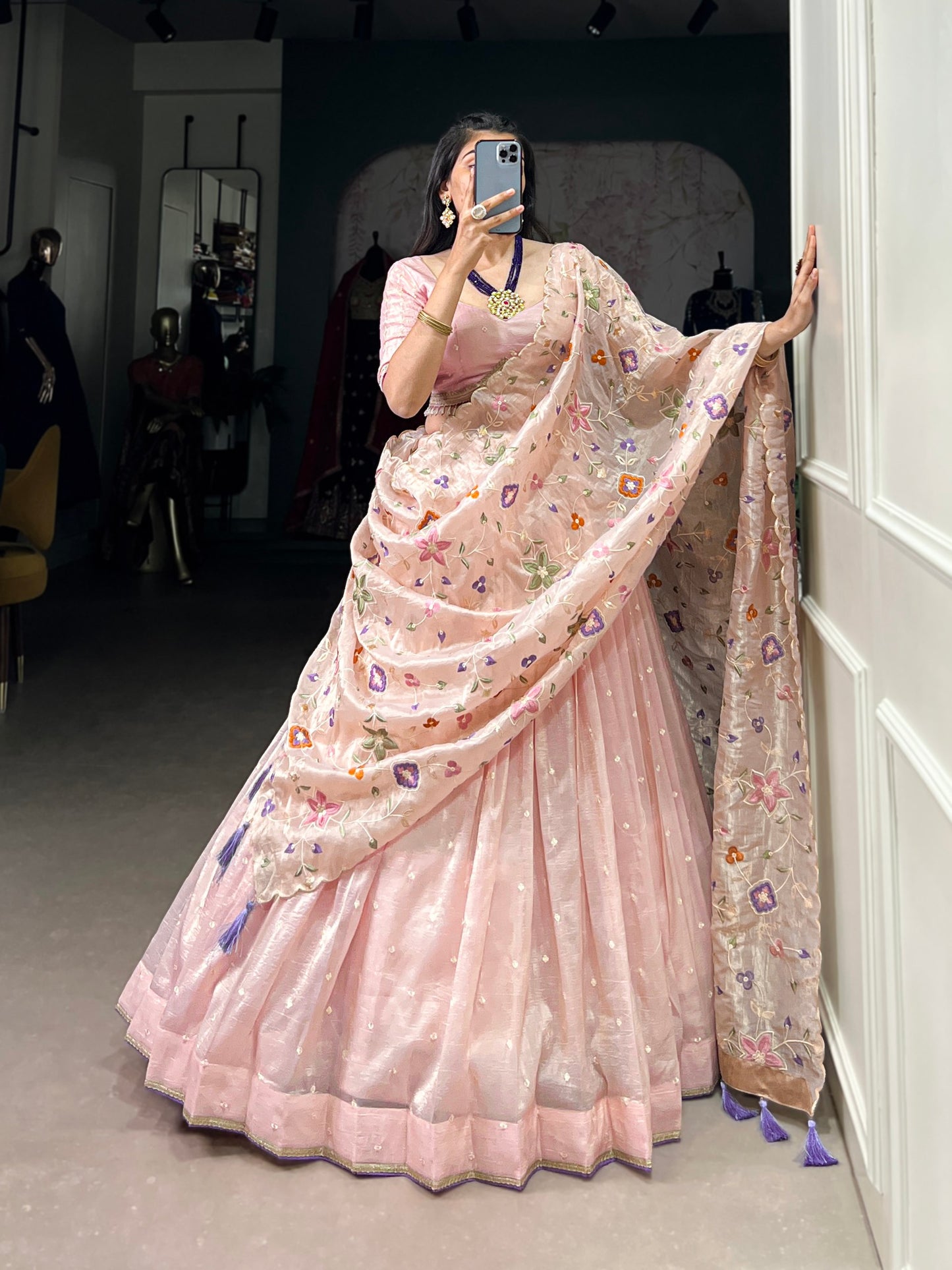 Breathtaking Light Peach Gold Crush Sequins Thread Worked Lehenga Choli