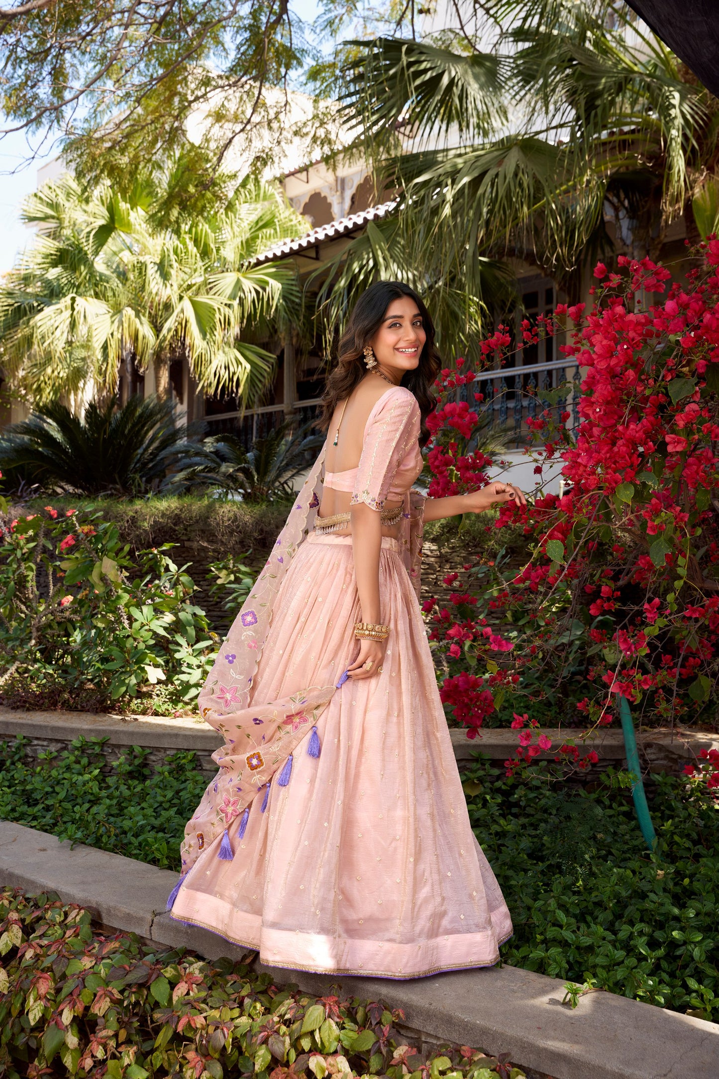 Breathtaking Light Peach Gold Crush Sequins Thread Worked Lehenga Choli