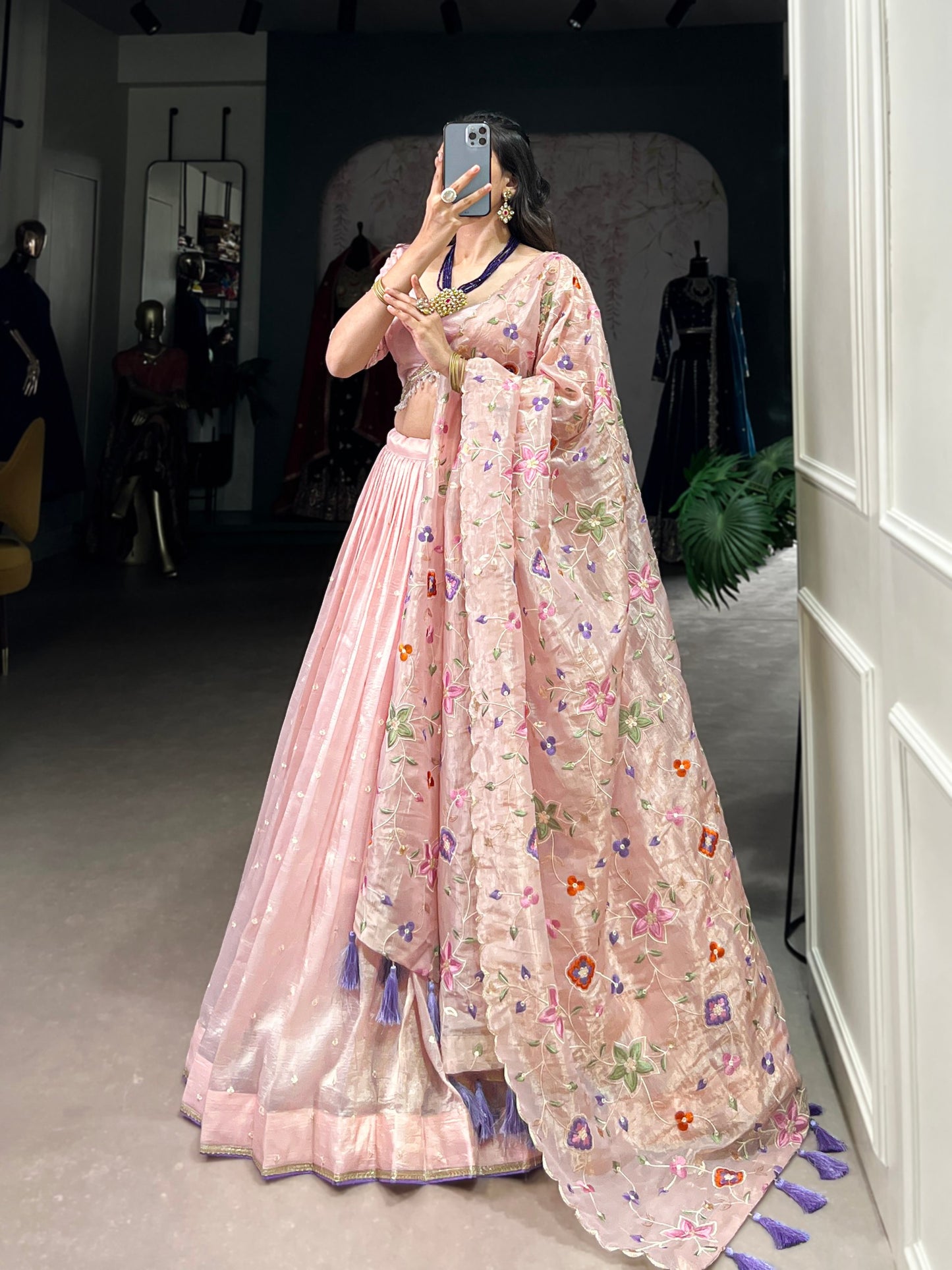 Breathtaking Light Peach Gold Crush Sequins Thread Worked Lehenga Choli