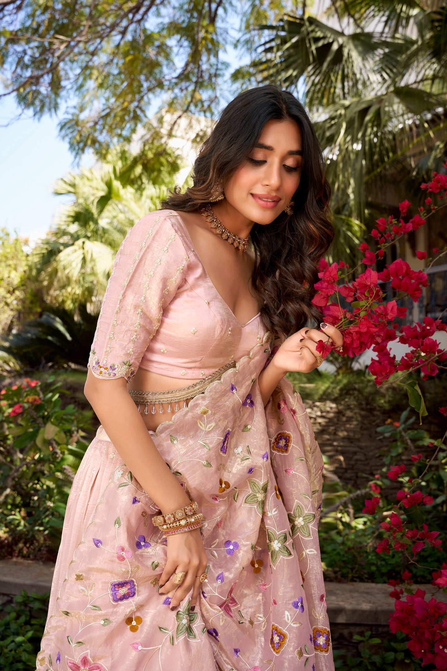 Breathtaking Light Peach Gold Crush Sequins Thread Worked Lehenga Choli