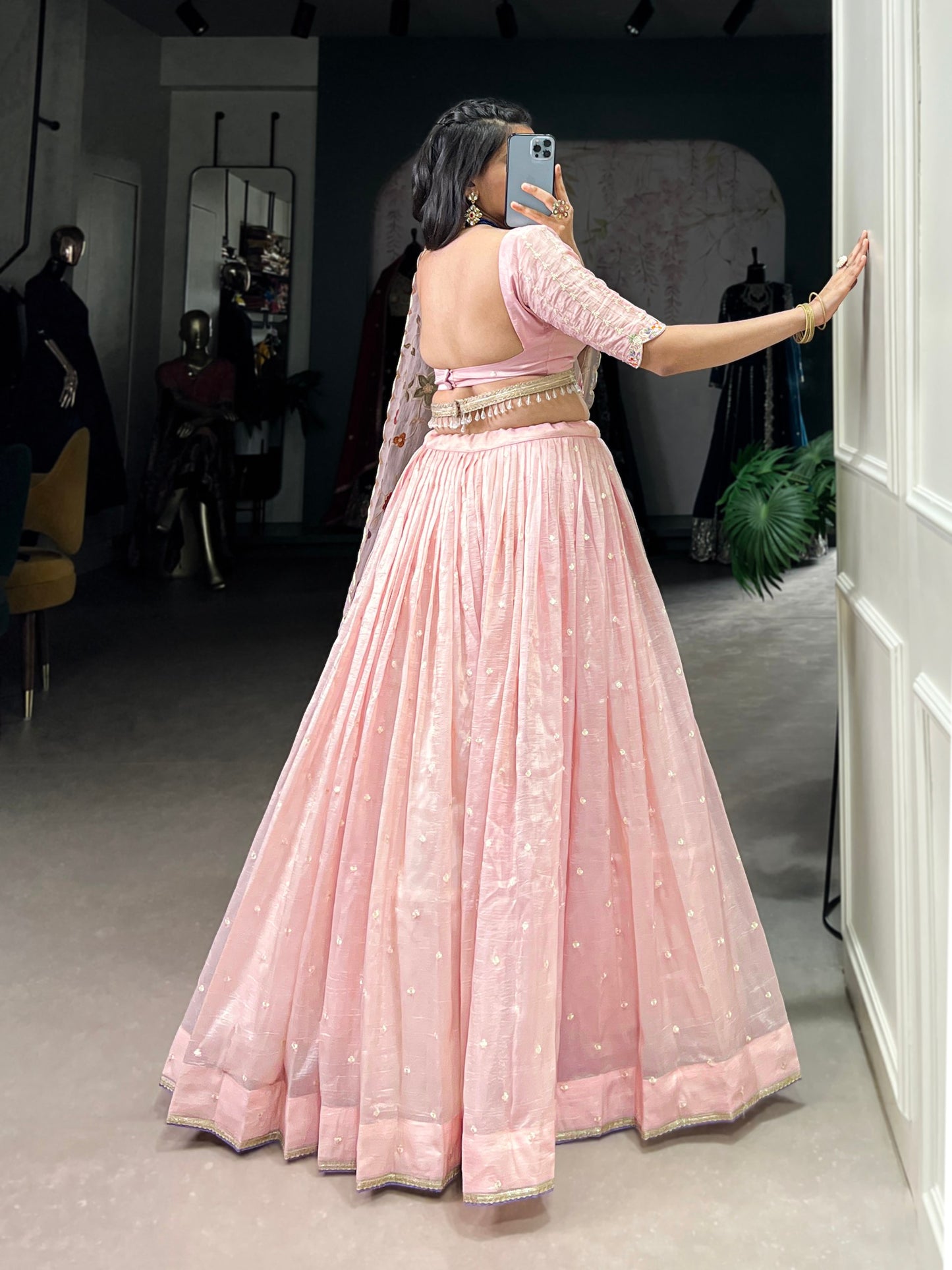 Breathtaking Light Peach Gold Crush Sequins Thread Worked Lehenga Choli