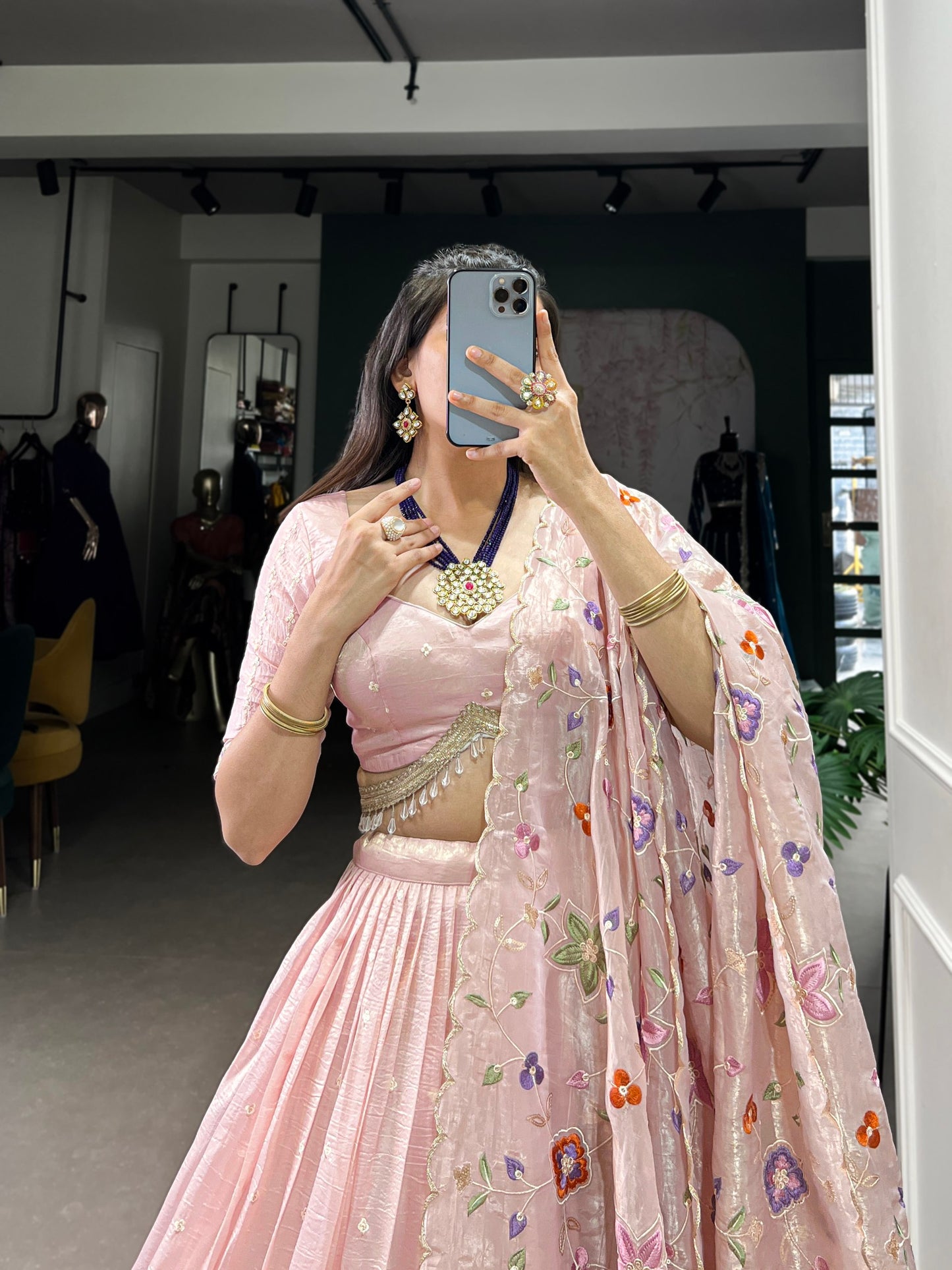 Breathtaking Light Peach Gold Crush Sequins Thread Worked Lehenga Choli