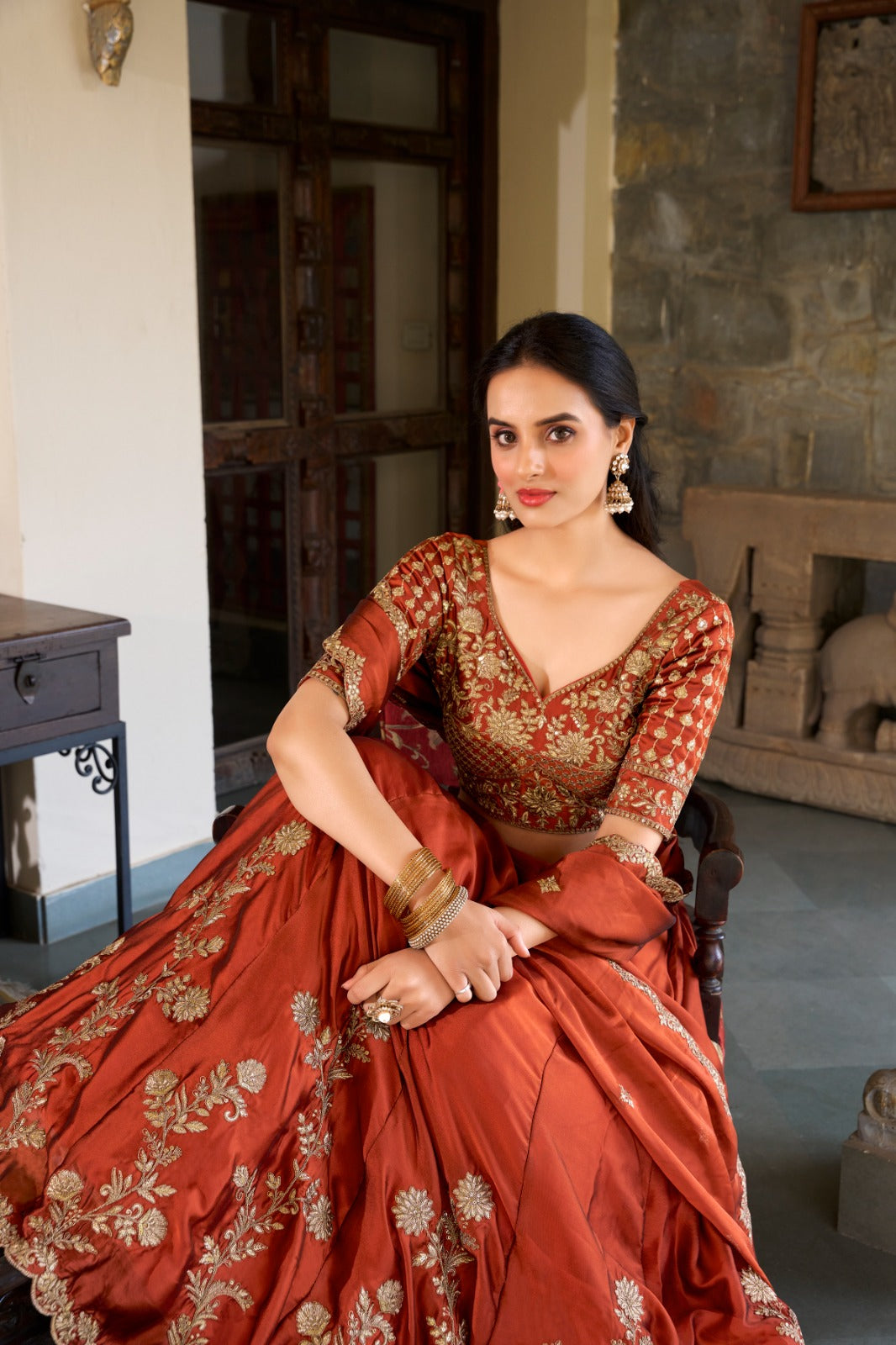 Rust Rangoli Silk Sequins Thread Worked Lehenga Choli Set