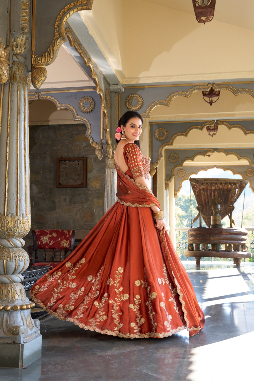 Rust Rangoli Silk Sequins Thread Worked Lehenga Choli Set