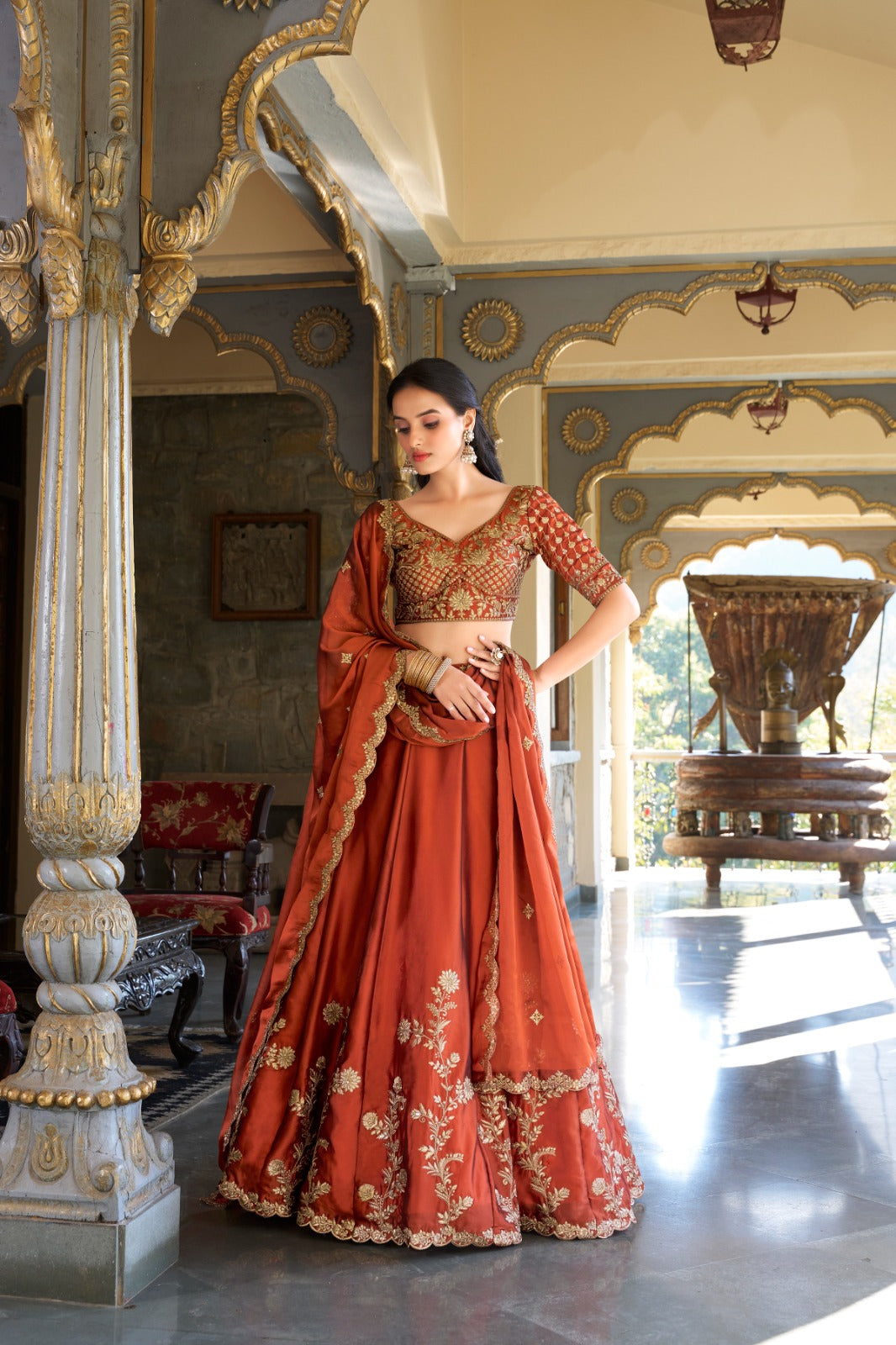 Rust Rangoli Silk Sequins Thread Worked Lehenga Choli Set
