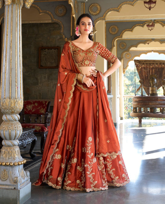 Rust Rangoli Silk Sequins Thread Worked Lehenga Choli Set