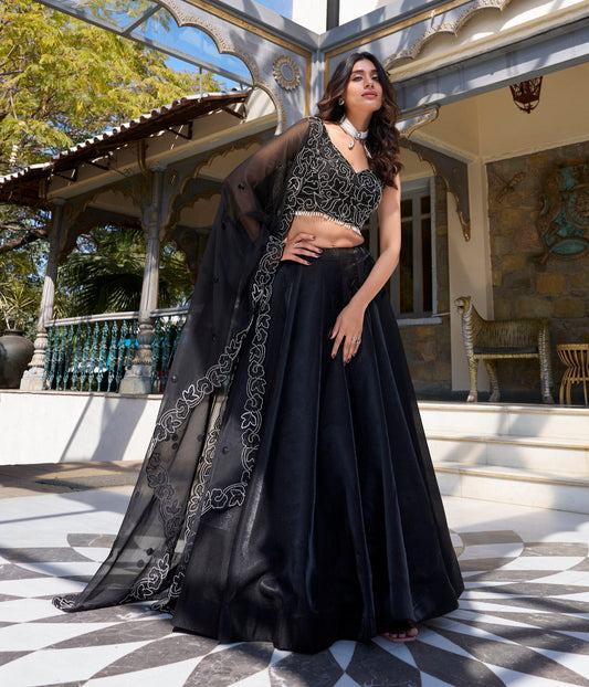 Spellbinding Satin Pearl Cording Sequins Worked Lehenga Set