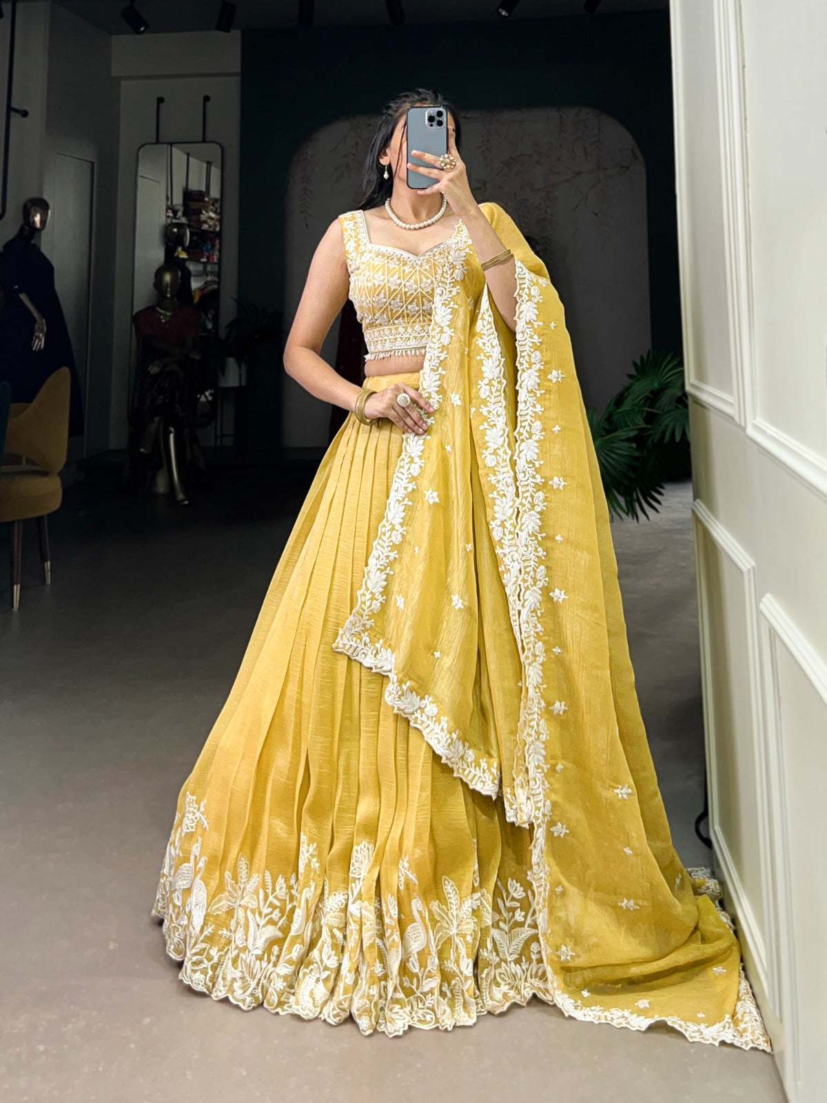 Yellow Gold Crush Sequins Thread Worked Lehenga Choli