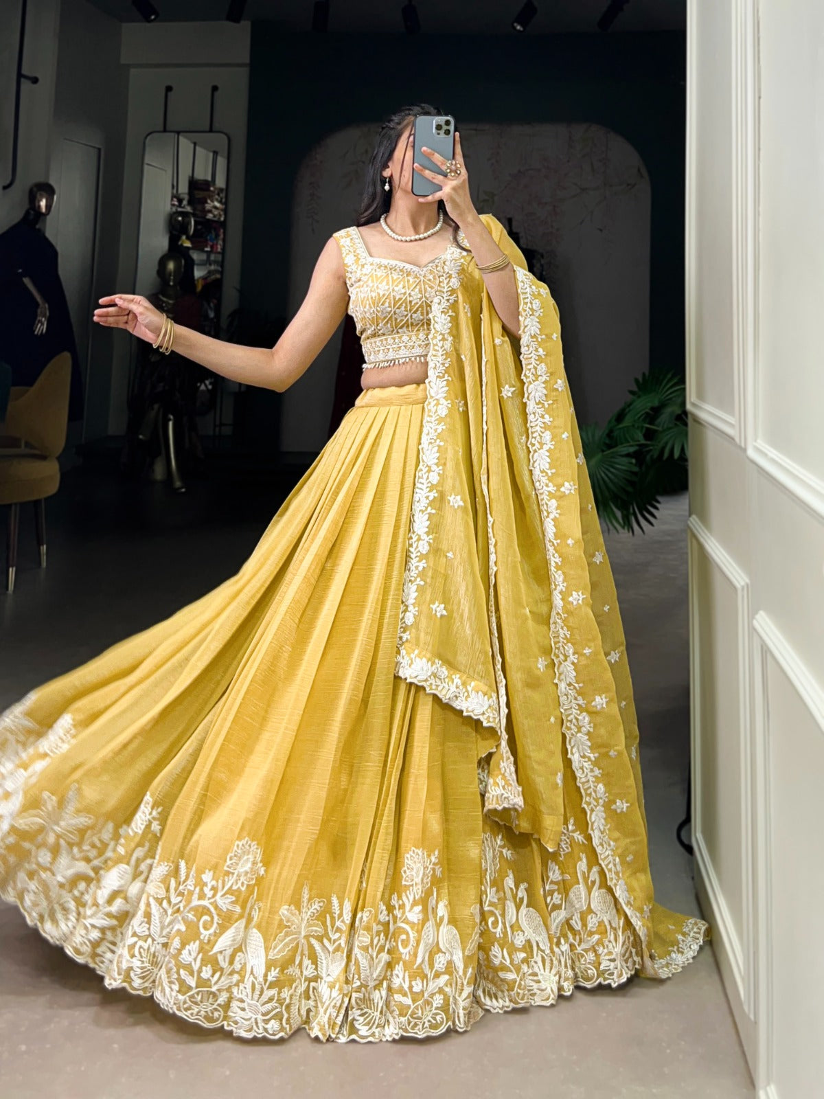 Yellow Gold Crush Sequins Thread Worked Lehenga Choli