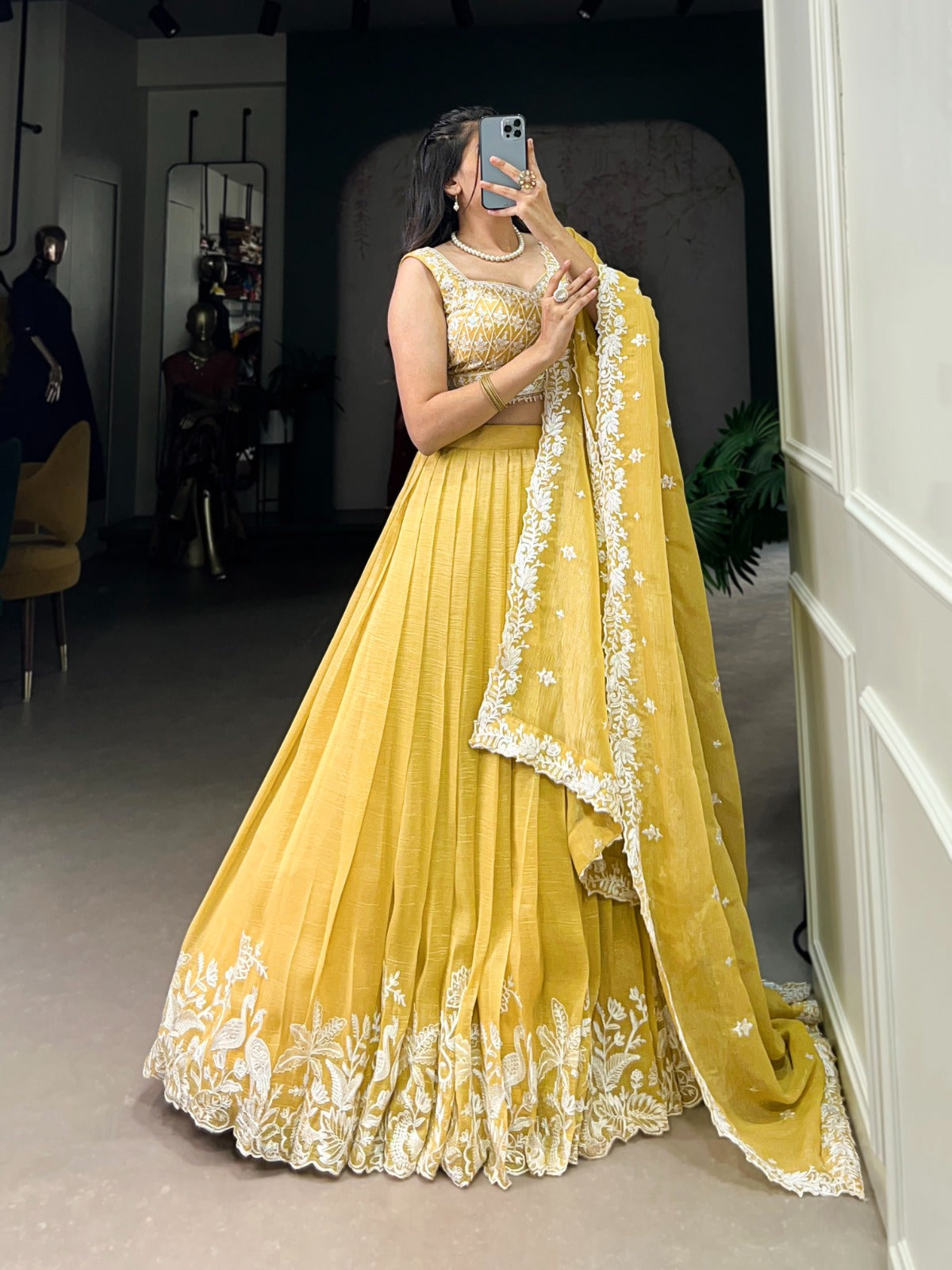 Yellow Gold Crush Sequins Thread Worked Lehenga Choli