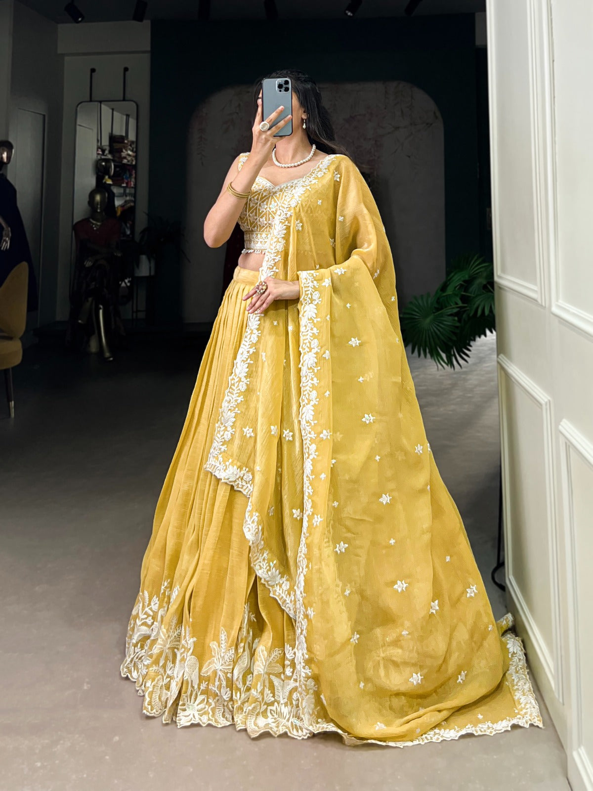 Yellow Gold Crush Sequins Thread Worked Lehenga Choli