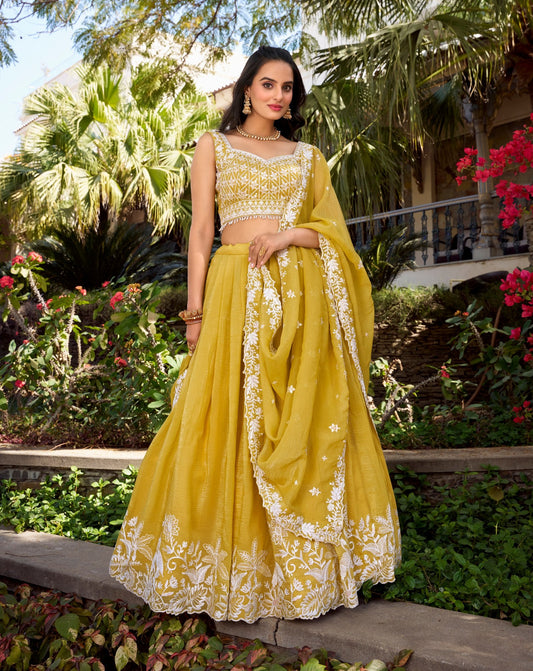Yellow Gold Crush Sequins Thread Worked Lehenga Choli