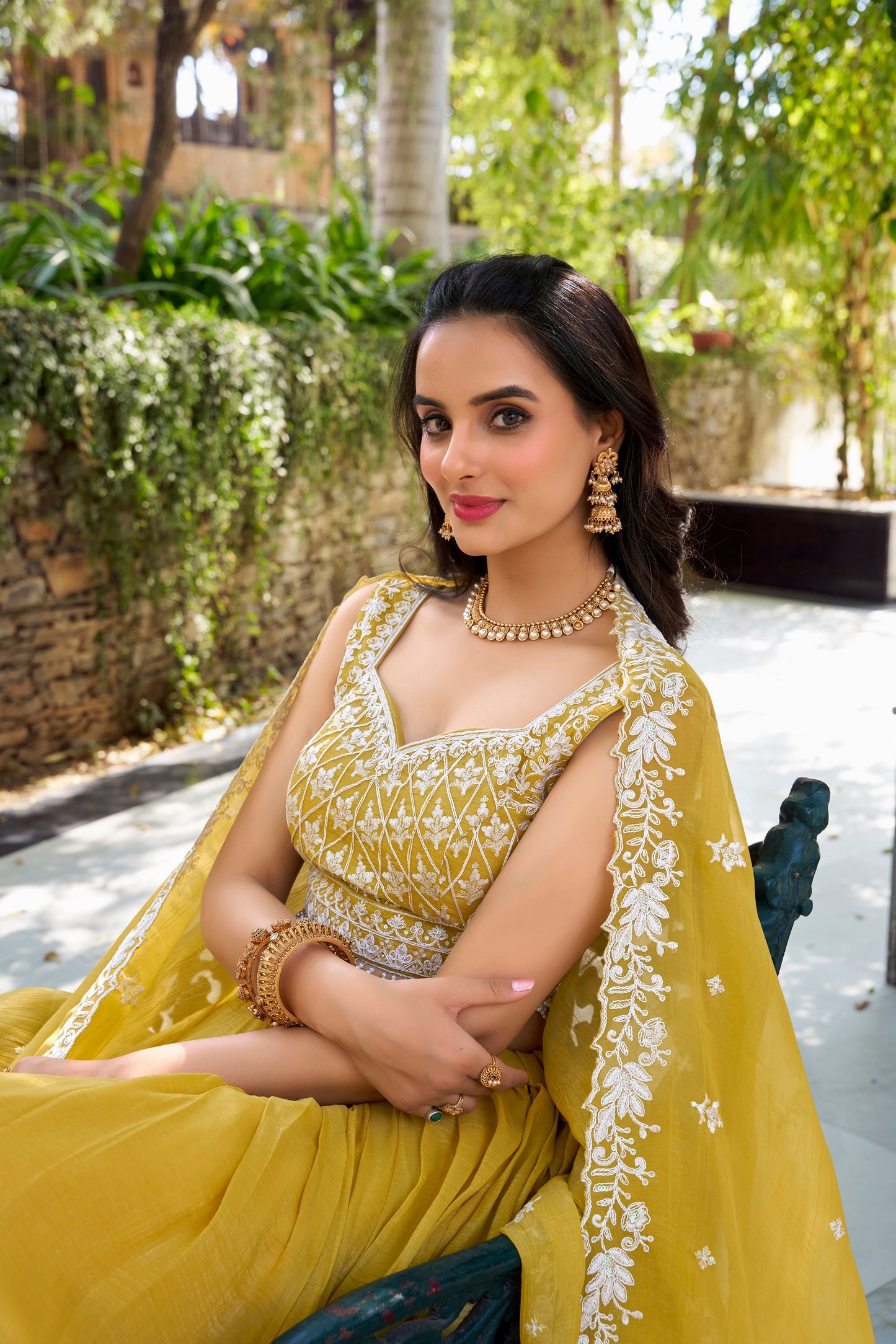 Yellow Gold Crush Sequins Thread Worked Lehenga Choli