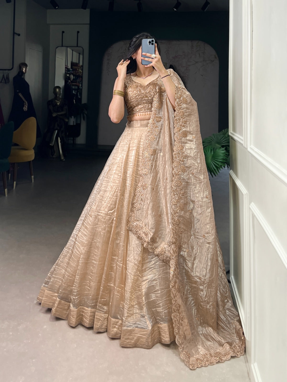 Attractive Chikoo Gold Crush Sequins Thread Worked Lehenga Choli