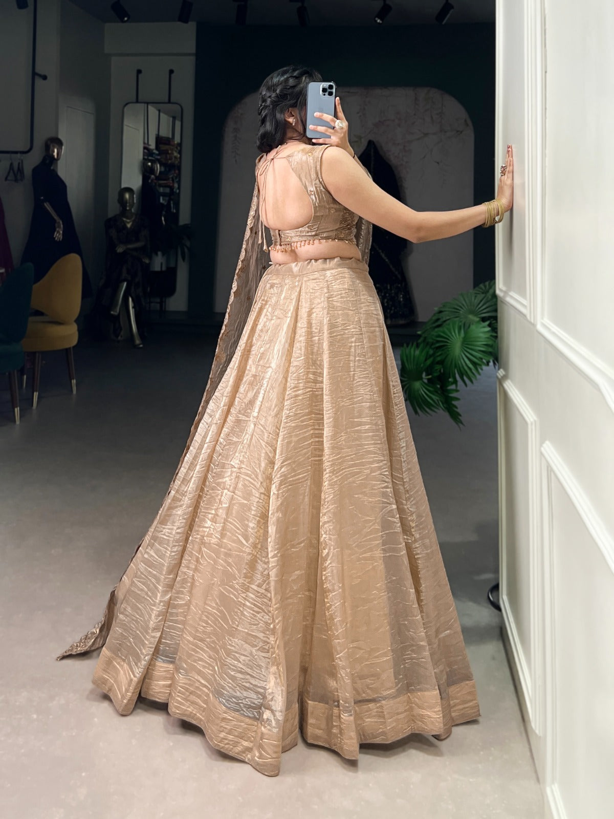 Attractive Chikoo Gold Crush Sequins Thread Worked Lehenga Choli