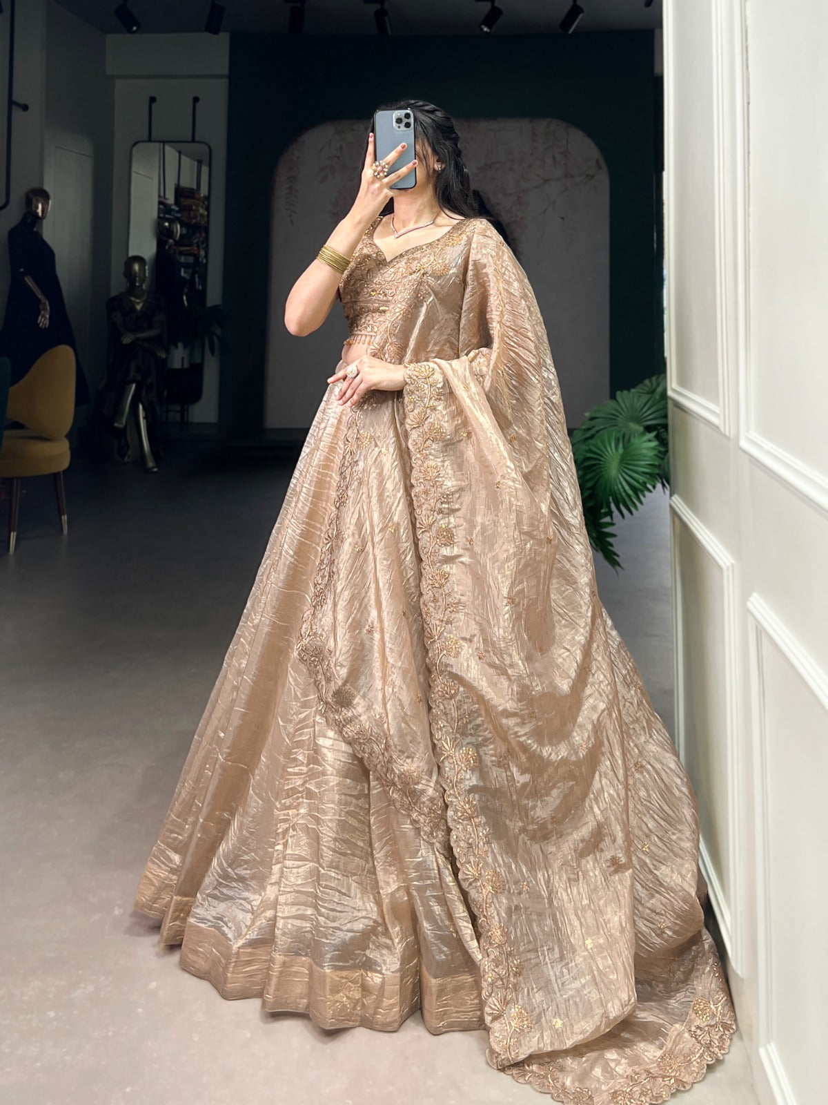 Attractive Chikoo Gold Crush Sequins Thread Worked Lehenga Choli