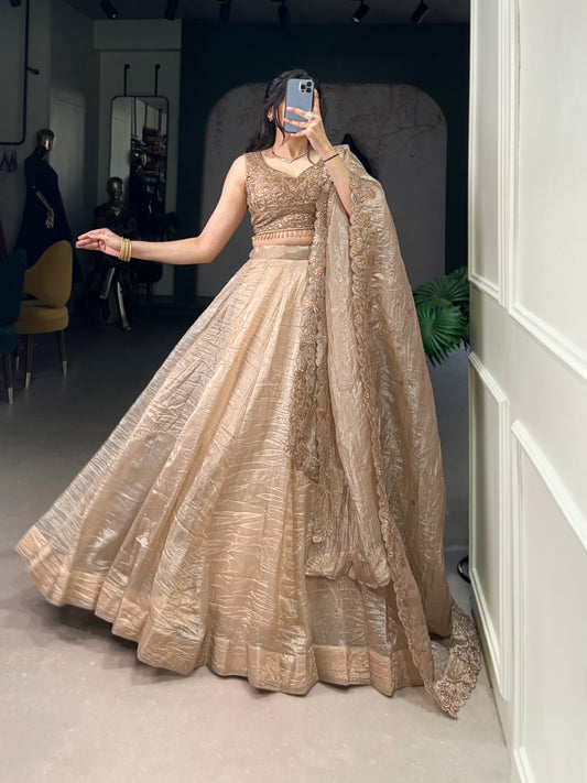Attractive Chikoo Gold Crush Sequins Thread Worked Lehenga Choli