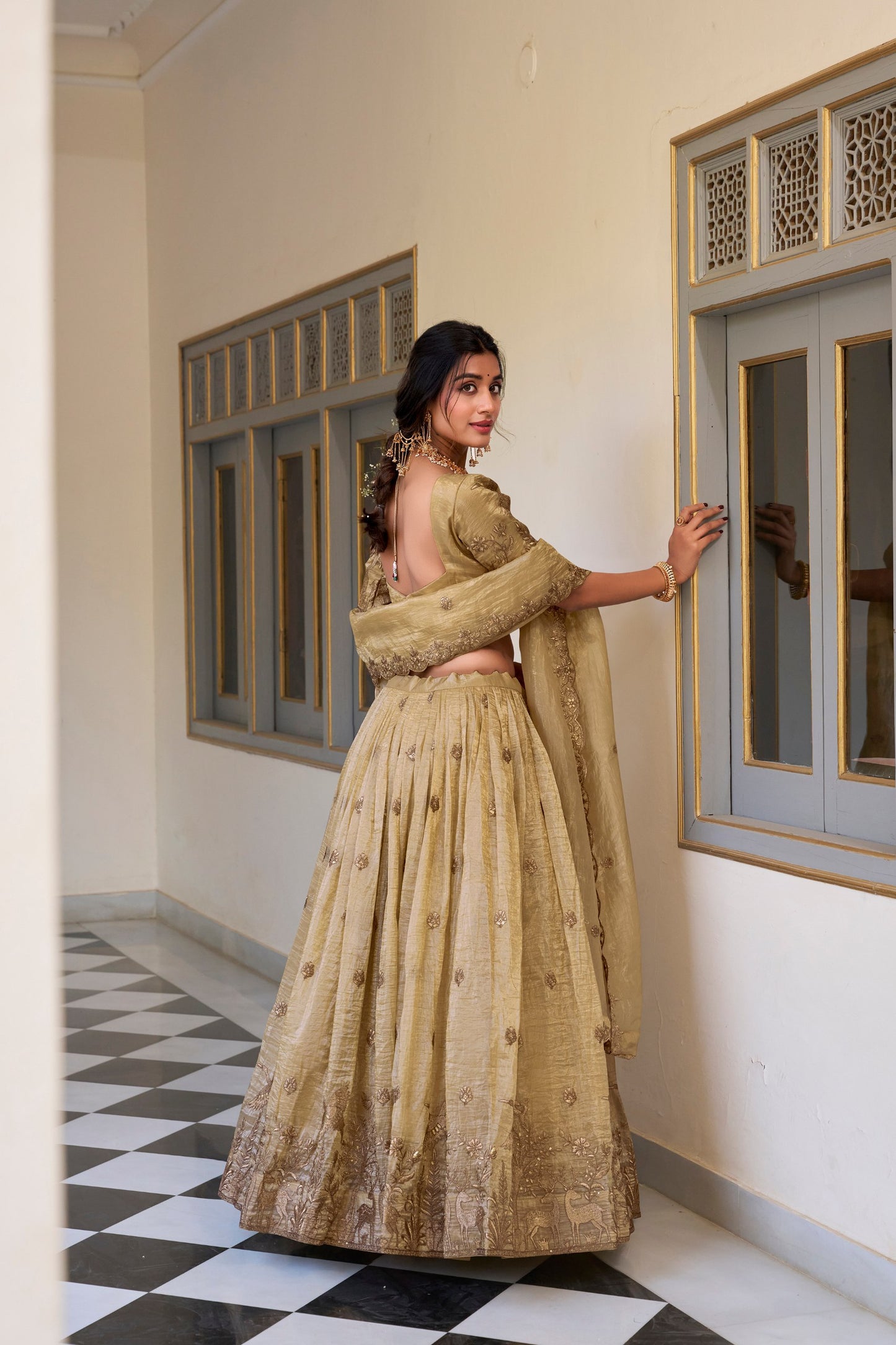 Mesmerizing Gold Crush Sequins Thread Worked Lehenga Choli