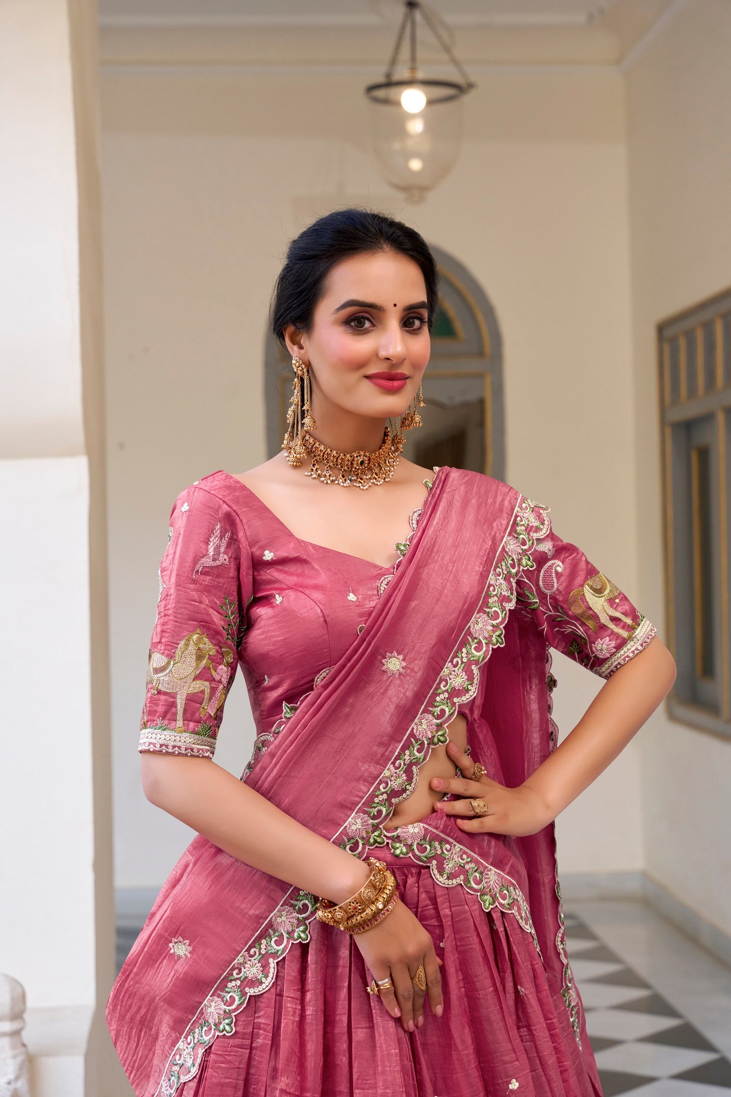 Mesmerizing Gold Crush Sequins Thread Worked Lehenga Choli