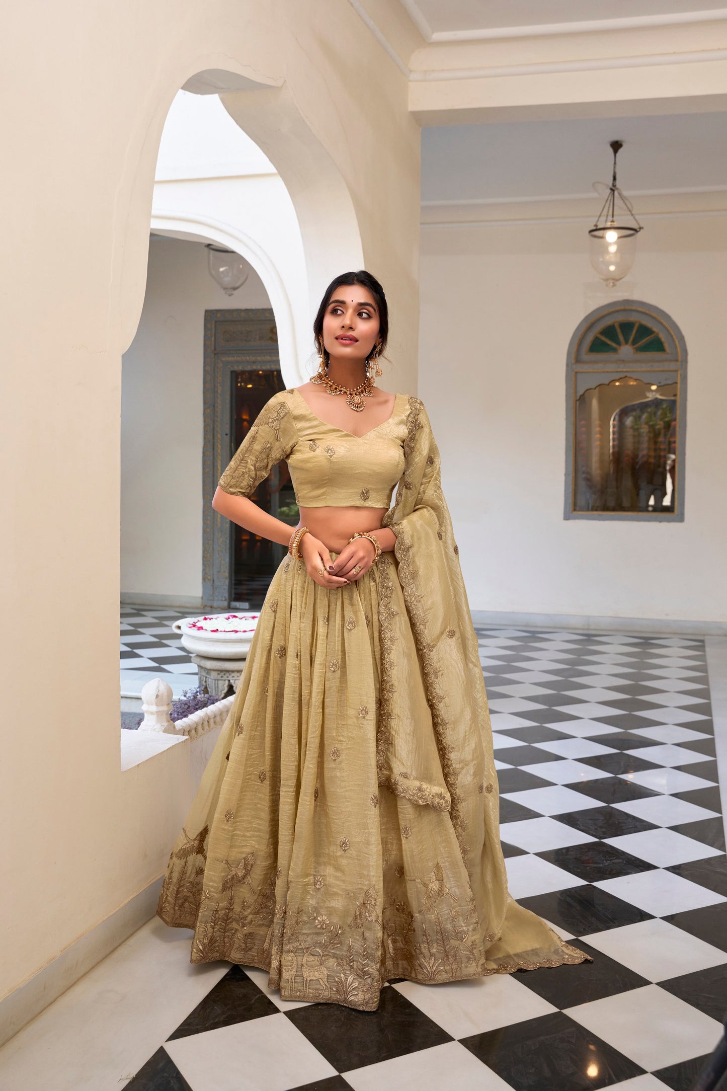 Mesmerizing Gold Crush Sequins Thread Worked Lehenga Choli