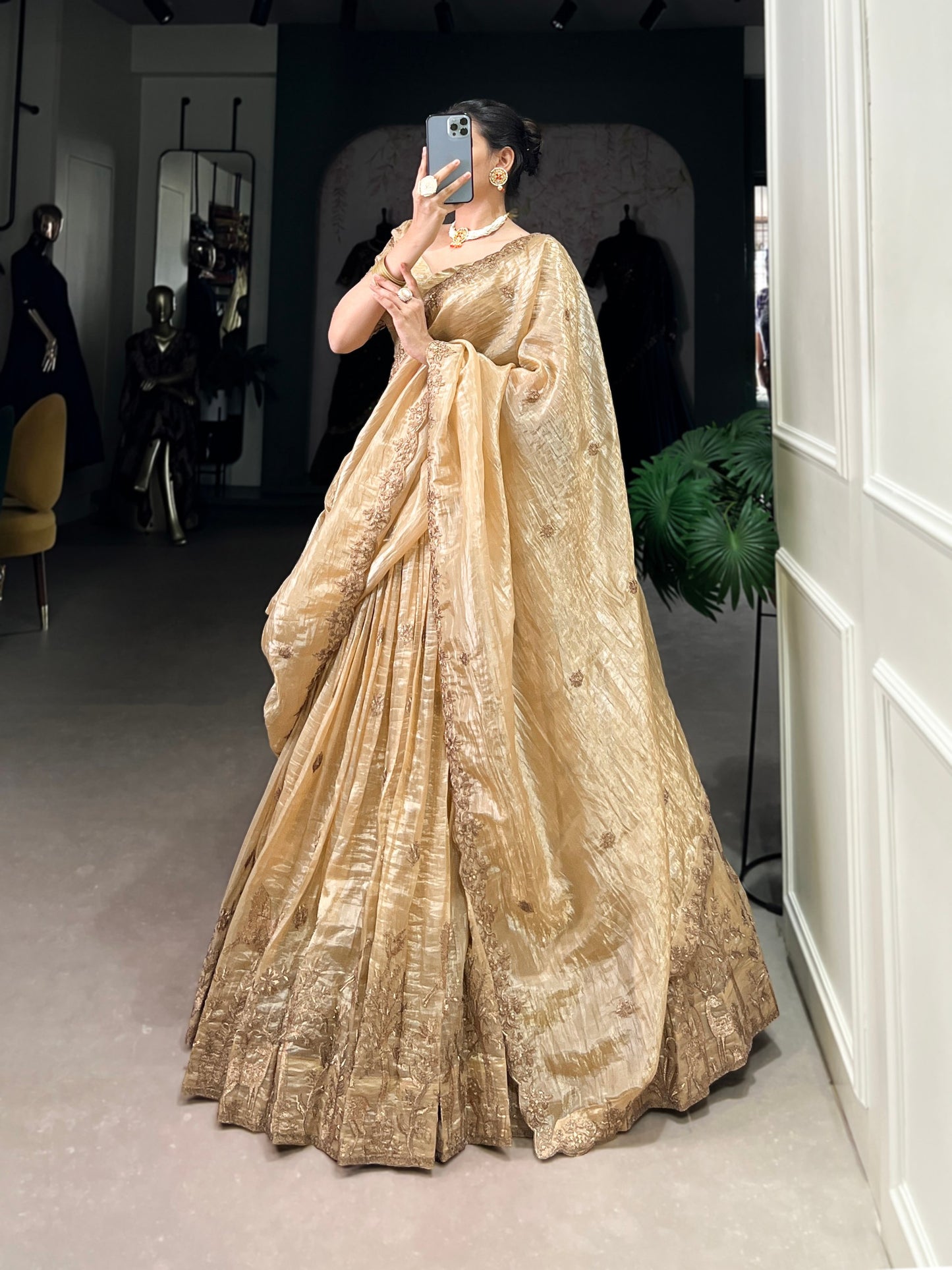 Mesmerizing Gold Crush Sequins Thread Worked Lehenga Choli