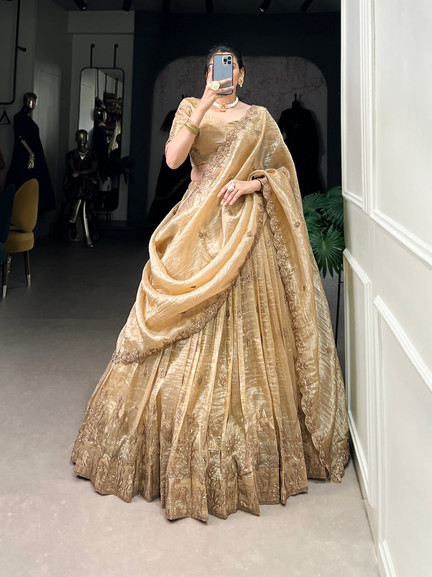 Mesmerizing Gold Crush Sequins Thread Worked Lehenga Choli