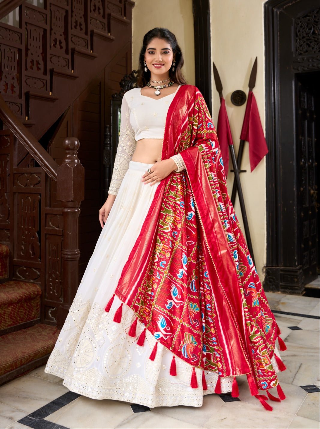 Spellbinding White Georgette Lucknowi Foil Mirror Worked Lehenga Choli - INDIAN ELEGANCE