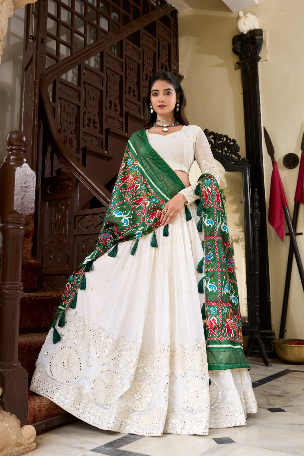 Spellbinding White Georgette Lucknowi Foil Mirror Worked Lehenga Choli - INDIAN ELEGANCE