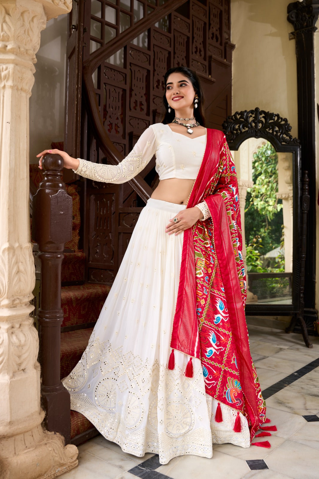 Spellbinding White Georgette Lucknowi Foil Mirror Worked Lehenga Choli - INDIAN ELEGANCE