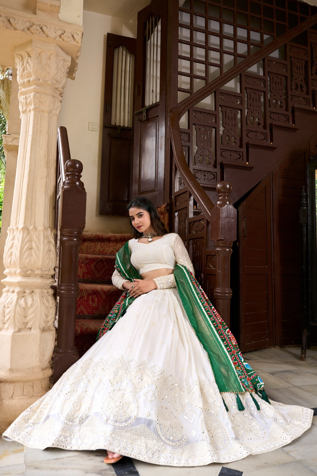 Spellbinding White Georgette Lucknowi Foil Mirror Worked Lehenga Choli - INDIAN ELEGANCE