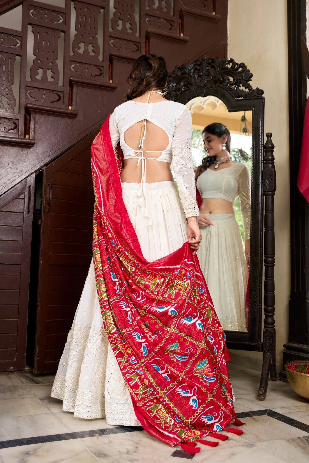 Spellbinding White Georgette Lucknowi Foil Mirror Worked Lehenga Choli - INDIAN ELEGANCE
