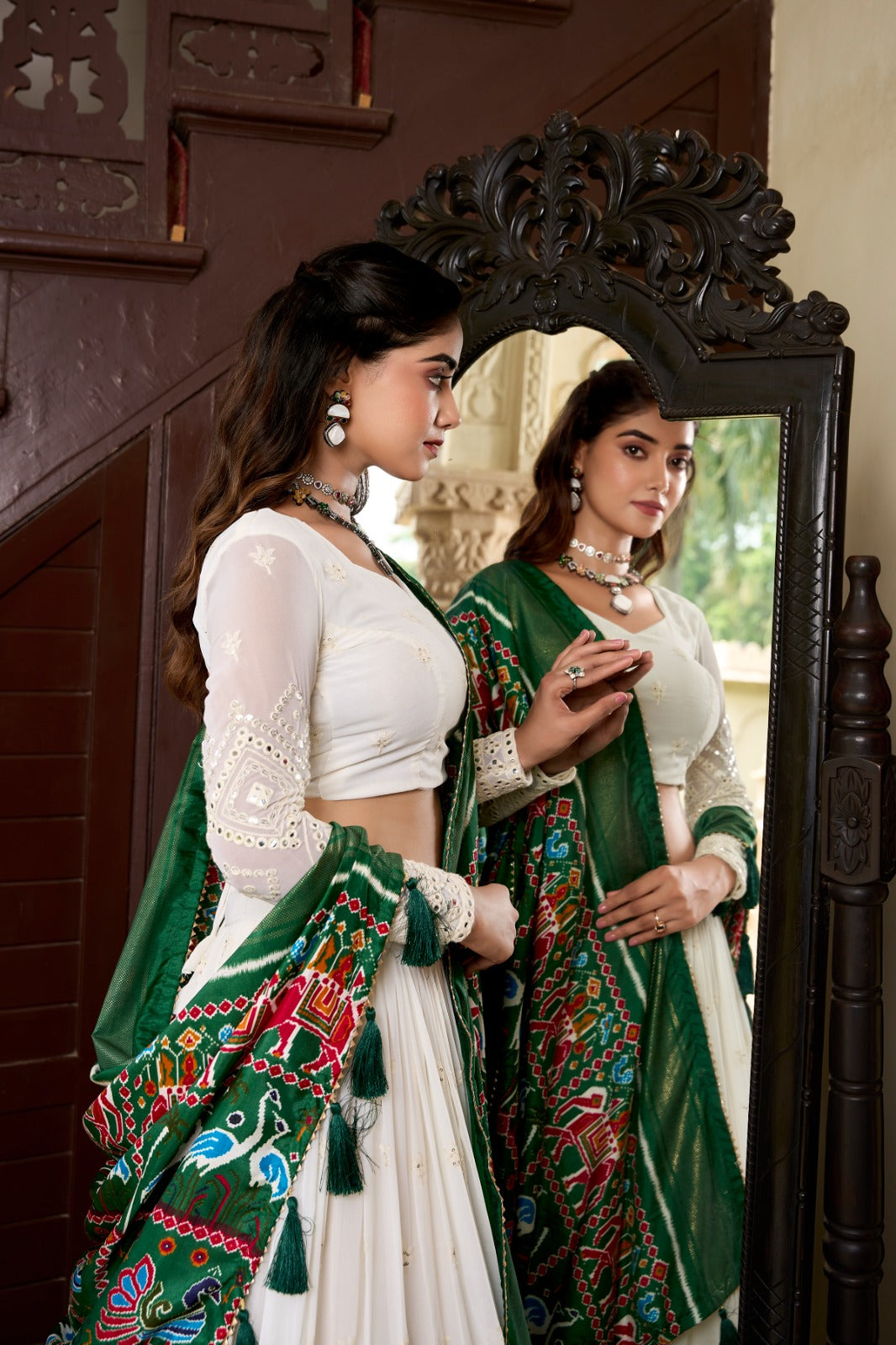 Spellbinding White Georgette Lucknowi Foil Mirror Worked Lehenga Choli - INDIAN ELEGANCE