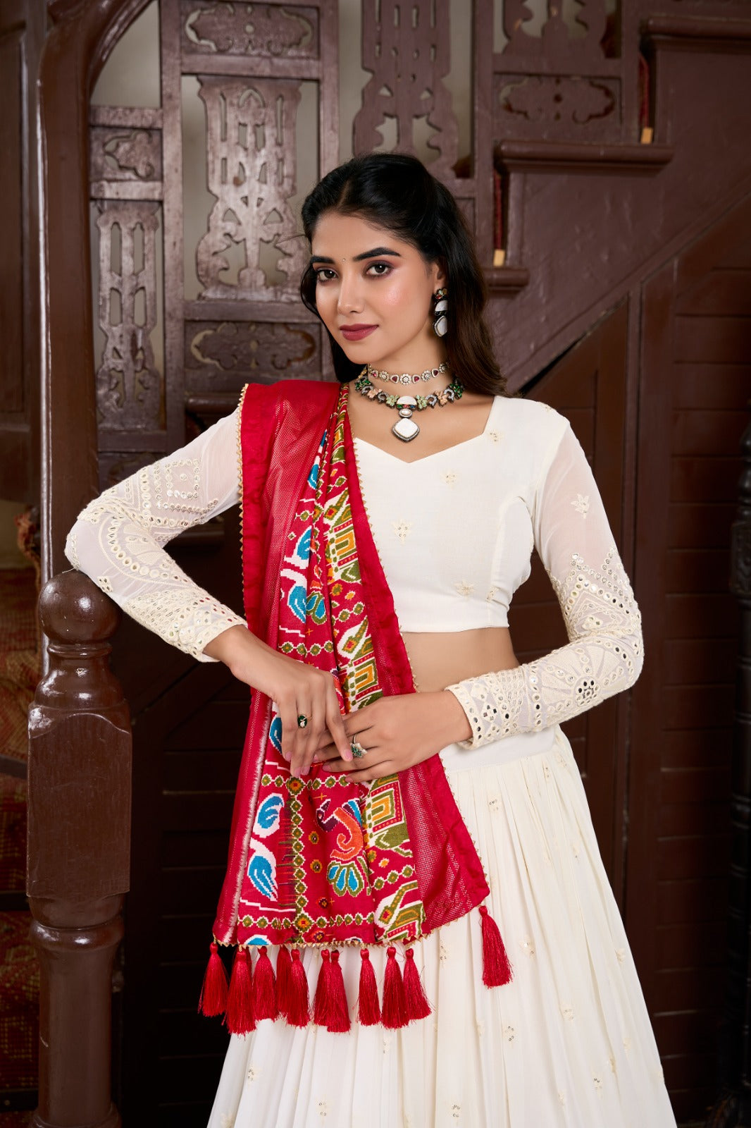 Spellbinding White Georgette Lucknowi Foil Mirror Worked Lehenga Choli - INDIAN ELEGANCE