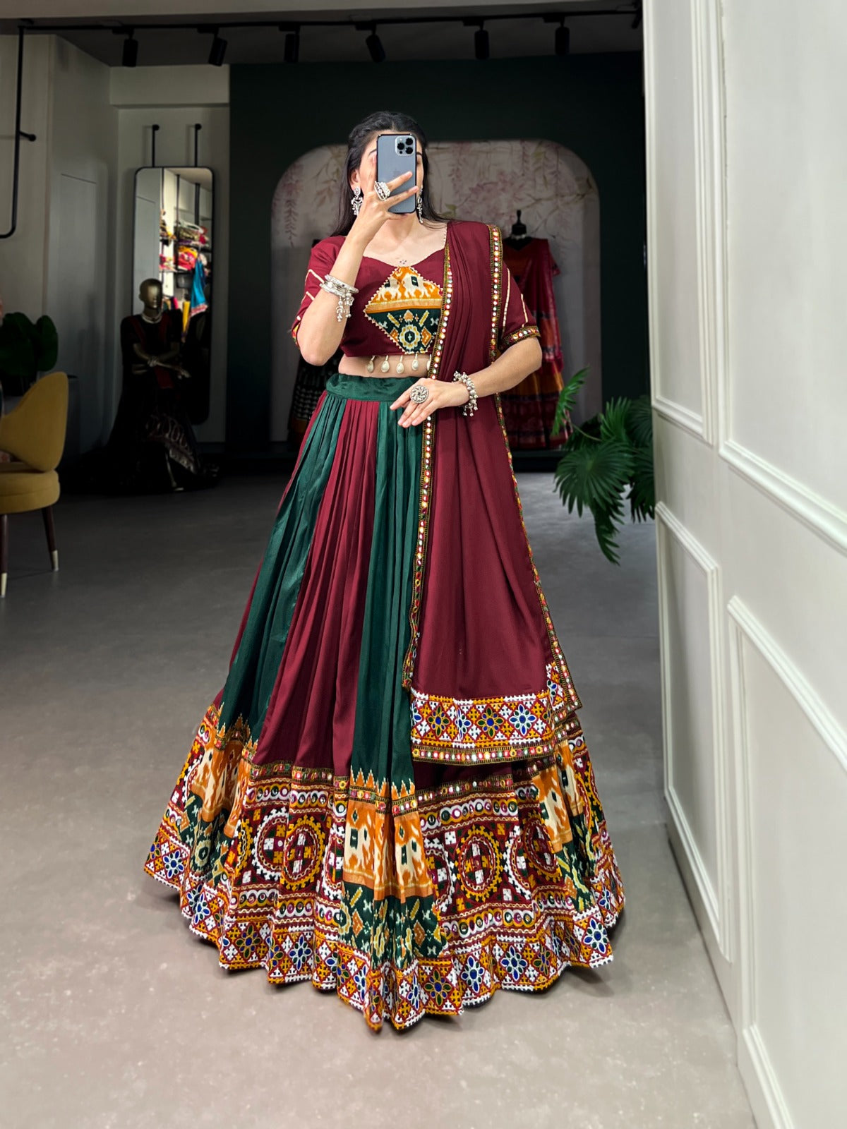 Dashing Navratri Wear Rayon Gamthi Mirror Worked Lehenga Choli - INDIAN ELEGANCE