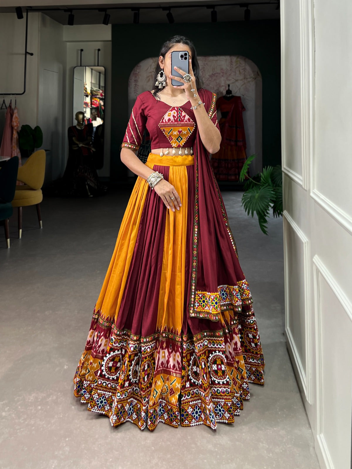 Dashing Navratri Wear Rayon Gamthi Mirror Worked Lehenga Choli - INDIAN ELEGANCE