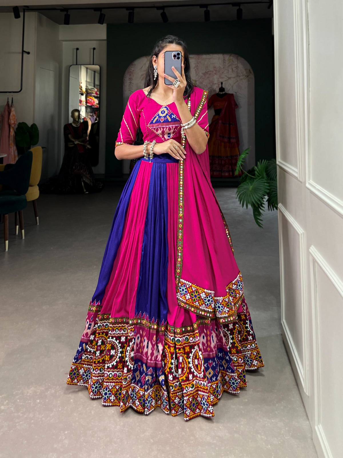 Dashing Navratri Wear Rayon Gamthi Mirror Worked Lehenga Choli - INDIAN ELEGANCE