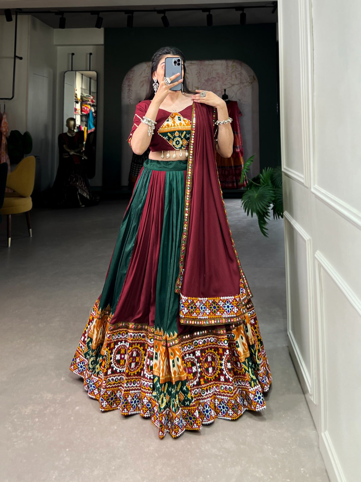 Dashing Navratri Wear Rayon Gamthi Mirror Worked Lehenga Choli - INDIAN ELEGANCE