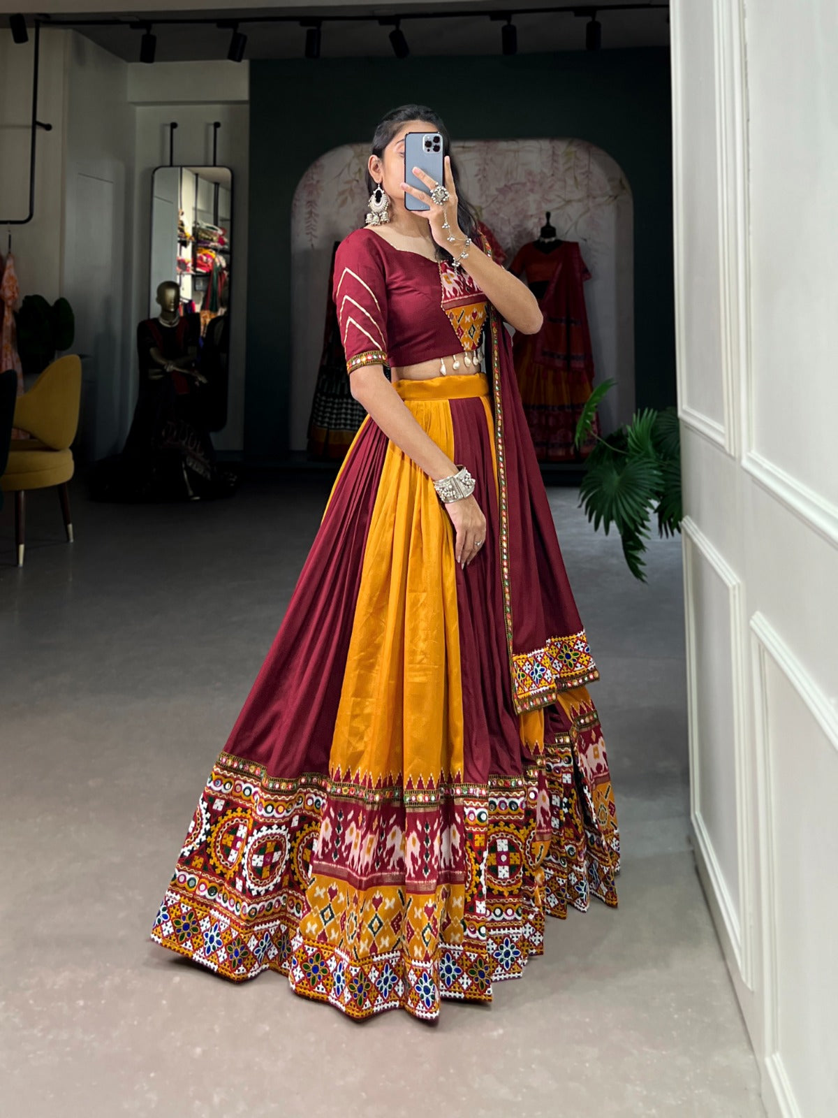 Dashing Navratri Wear Rayon Gamthi Mirror Worked Lehenga Choli - INDIAN ELEGANCE