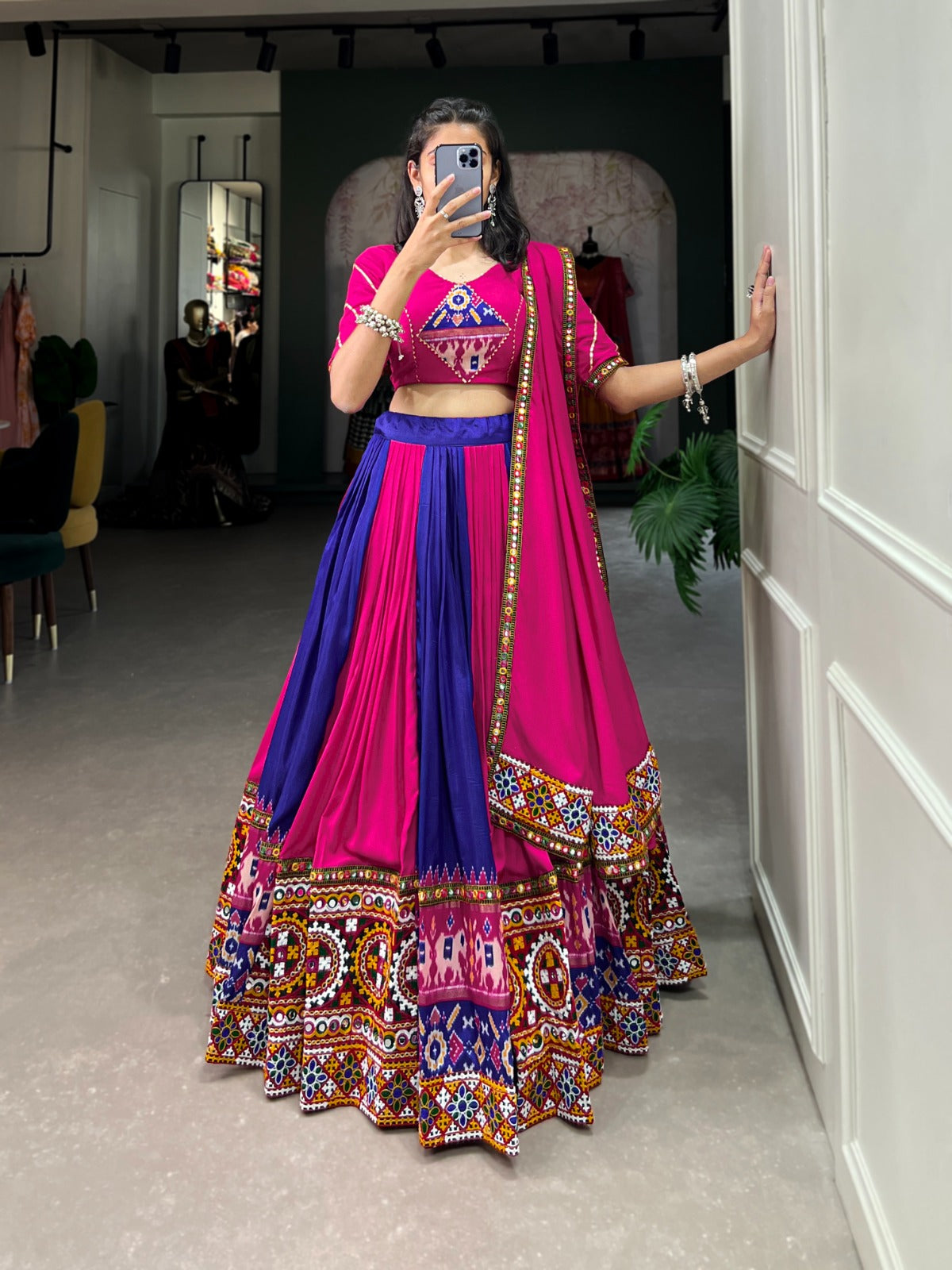 Dashing Navratri Wear Rayon Gamthi Mirror Worked Lehenga Choli - INDIAN ELEGANCE