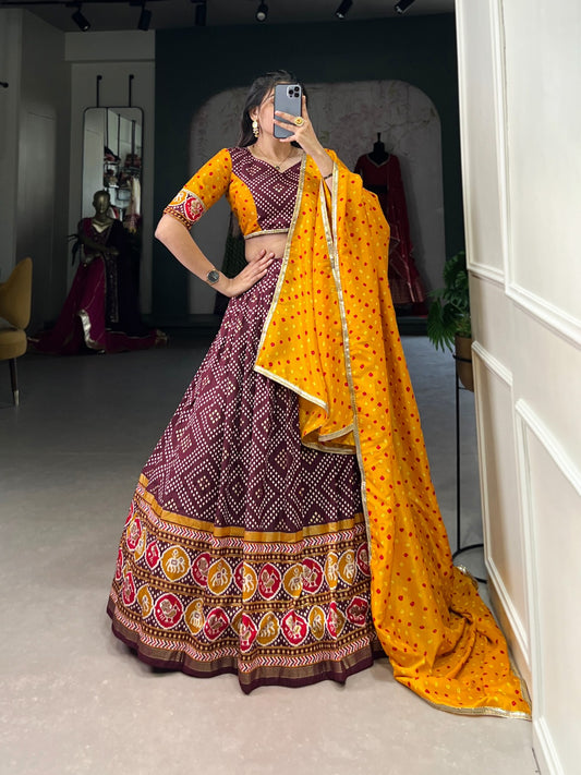 Spectacular Tussar Silk Bandhej Patola Printed Lehenga Choli - INDIAN ELEGANCE