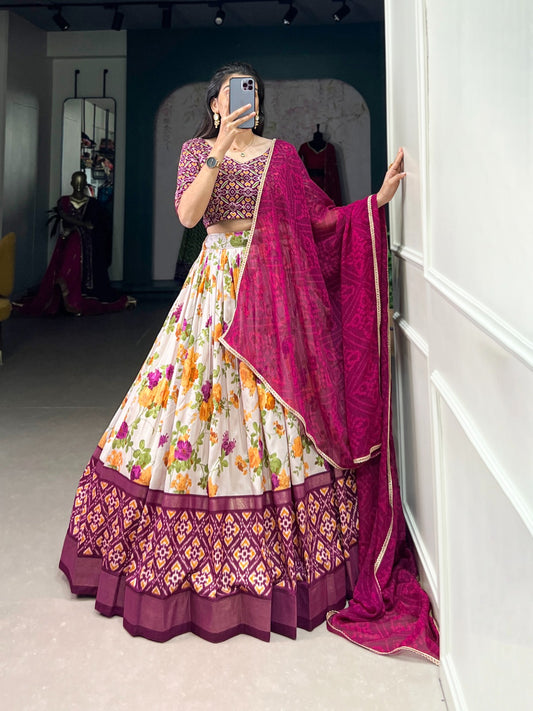 Stylish Wine Tussar Silk Floral Patola Printed Lehenga Choli Set - INDIAN ELEGANCE