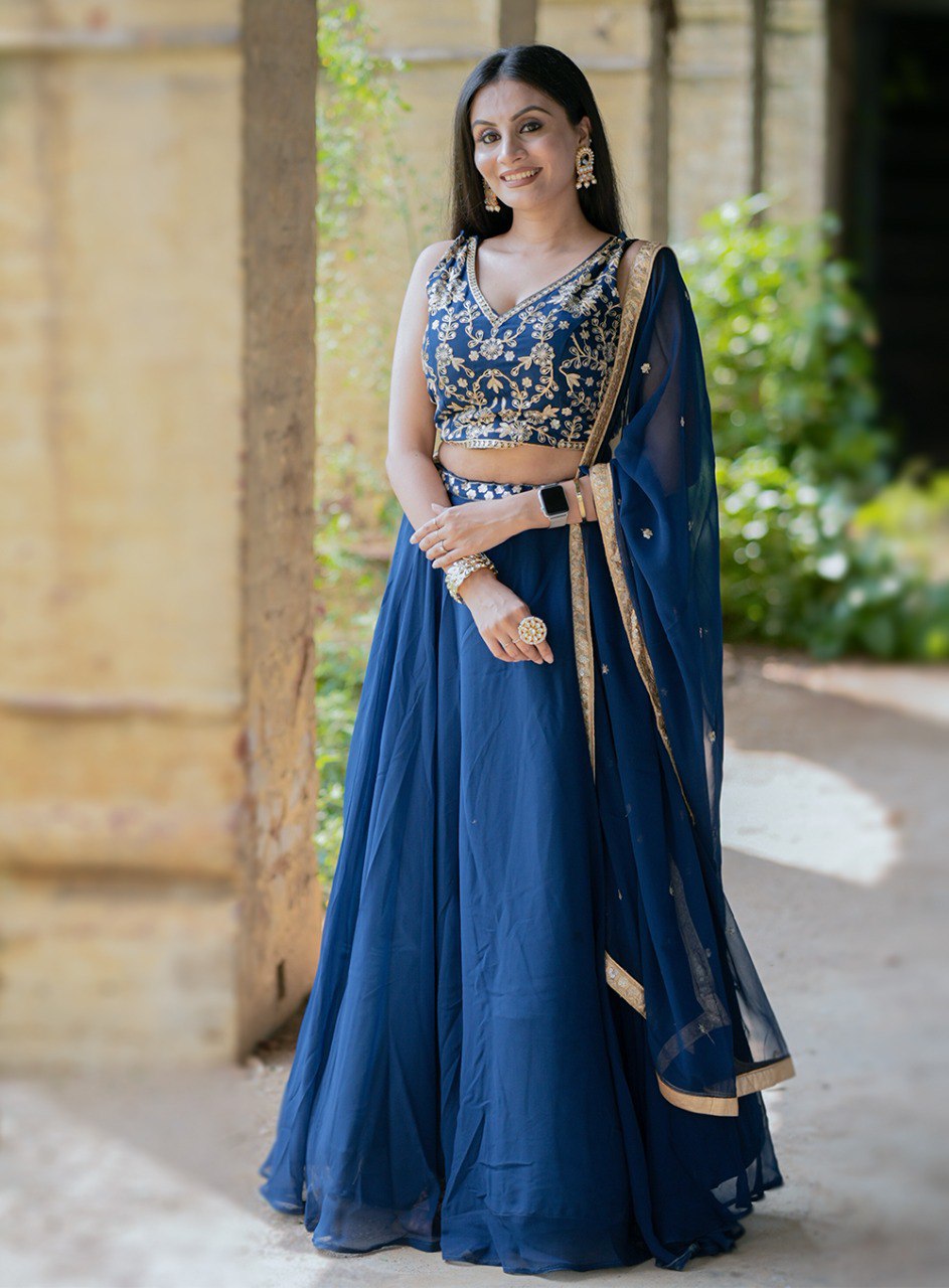 Gorgeous Navy Blue Sequins Thread Worked Lehenga Choli - INDIAN ELEGANCE