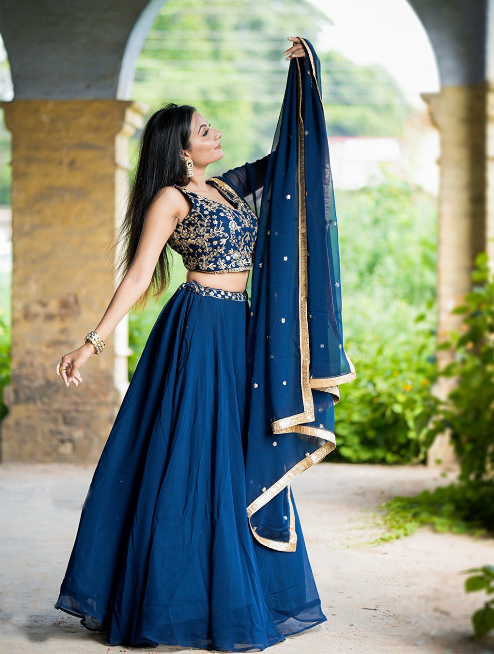 Gorgeous Navy Blue Sequins Thread Worked Lehenga Choli - INDIAN ELEGANCE